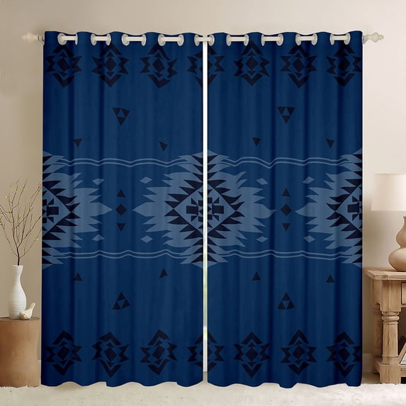 Manfei Boho Aztec Blackout Curtains Set of 2 (52x84 Each), Navy Blue Tribal Geometric Curtain