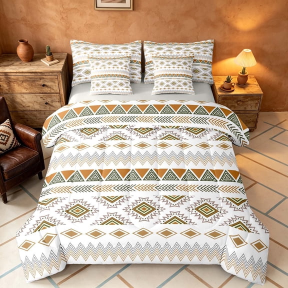 Manfei Boho Aztec Full Size Bedding Sets, Tribal Geometric Full Size Bed in a Bag, Beige Brown, Gray Reversible 7 Pieces