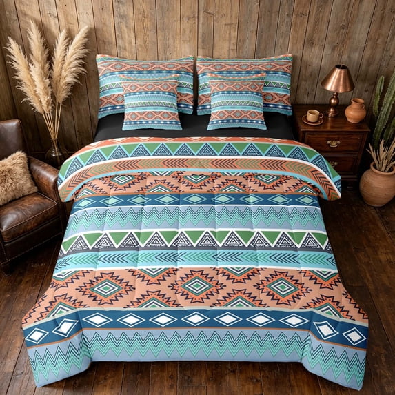 Manfei Boho Aztec Full Size Bedding Sets, Tribal Geometric Full Size Bed in a Bag, Multicolor Blue Green, Black Reversible 7pcs