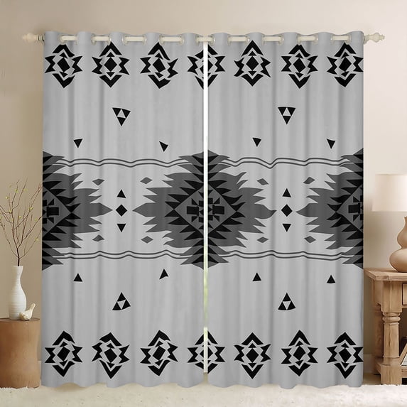 Manfei Boho Aztec Kitchen Curtains, Black Gray Tribal Geometric Black Out Curtains Pack of 2 (42x63 Each)