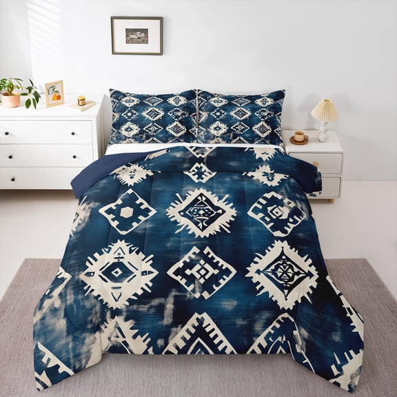 Manfei Boho Aztec Queen Comforter Set for Adult, Hippie Tribal Geometric Bedding Comforter Set, Retro Blue Stripes Reversible Bedding Set, Microfiber Bedroom Decor, 3 Pieces