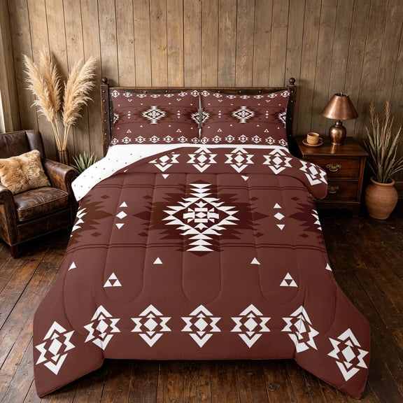 Manfei Boho Aztec Queen Comforter Set, Brown White Tribal Geometric Comforter Sets Queen, Reversible 3 Pieces, 1 Comforter and 2 Pillowcases