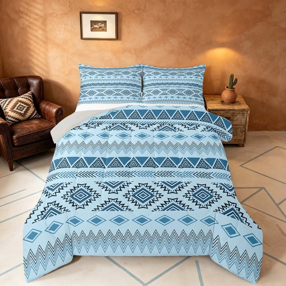 Manfei Boho Aztec Queen Comforter Set, Tribal Geometric Comforter Sets Queen, Blue Light Blue, Gray Reversible 3-Piece, 1 Comforter and 2 Pillowcases