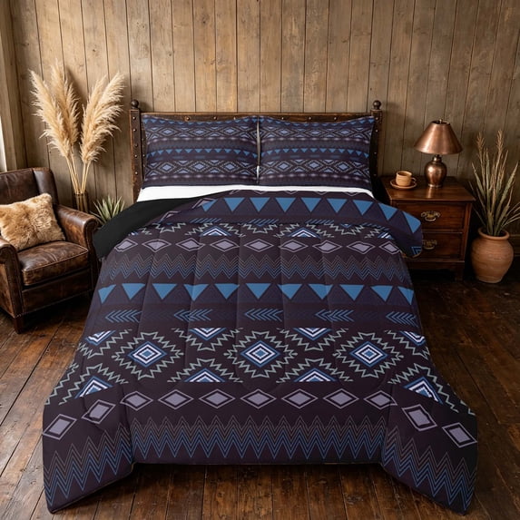 Manfei Boho Aztec Queen Comforter Set, Tribal Geometric Comforter Sets Queen, Multicolor Dark Purple, Black Reversible 3pcs, 1 Comforter and 2 Pillowcases