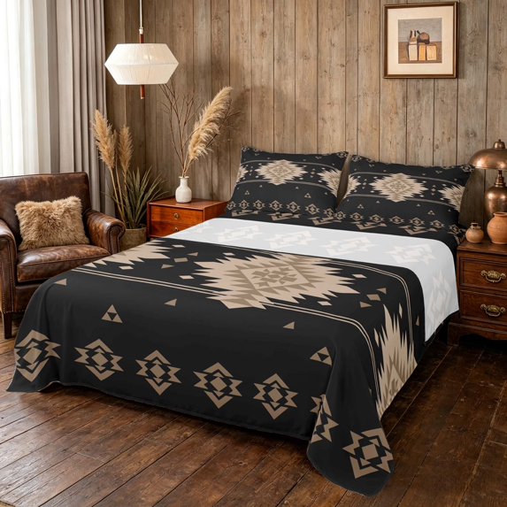 Manfei Boho Aztec Queen Sheets, Black Beige Tribal Geometric Queen Sheet Sets, Black Reversible 4-Piece1 Flat Sheet + 1 Fitted Sheet + 2 Pillowcases