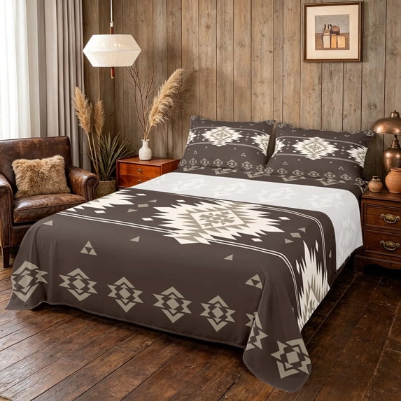 Manfei Boho Aztec Queen Sheets, Brown Cream Tribal Geometric Queen Sheet Sets, Reversible 4pcs1 Flat Sheet + 1 Fitted Sheet + 2 Pillowcases
