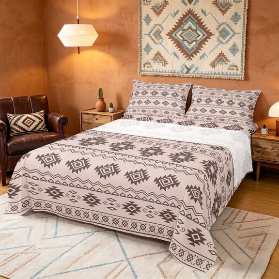 Manfei Boho Aztec Tribal Bed Sheets, Bohemian Geometric Fuul Size Sheets, Chocolate, Reversible 4pcs1 Flat Sheet + 1 Fitted Sheet + 2 Pillowcases