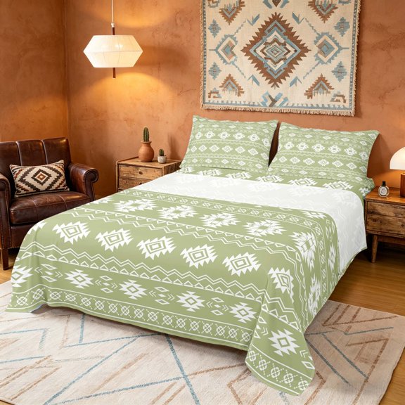 Manfei Boho Aztec Tribal Bed Sheets, Bohemian Geometric Fuul Size Sheets, Sage Green, Reversible 4-Piece1 Flat Sheet + 1 Fitted Sheet + 2 Pillowcases