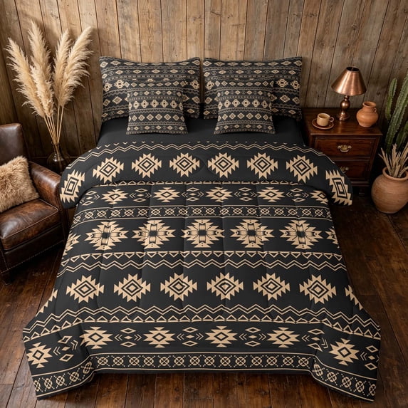 Manfei Boho Aztec Tribal Queen Bedding, Bohemian Geometric Bedding Comforter Set Queen, Gold, Black Reversible 7-Piece