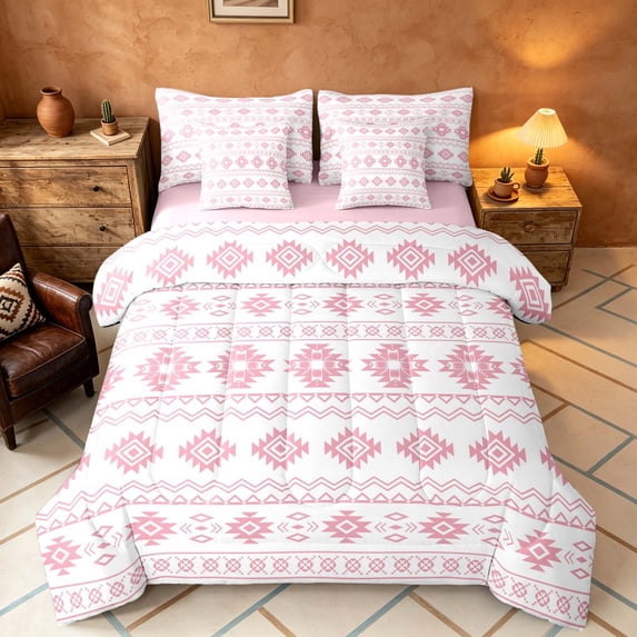 Manfei Boho Aztec Tribal Twin Bedding, Bohemian Geometric Bedding Comforter Set, Blush Pink, Pink Reversible 7-Piece