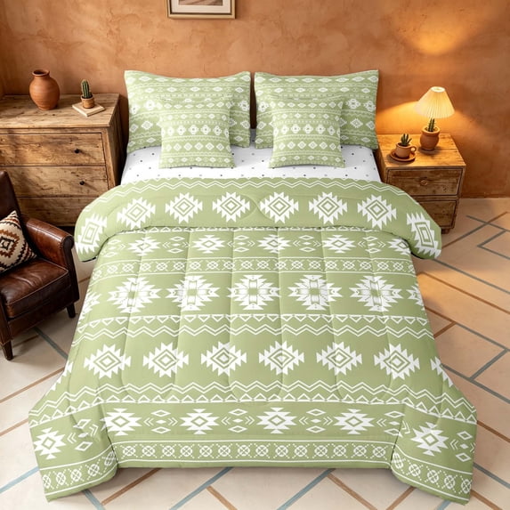 Manfei Boho Aztec Tribal Twin Bedding, Bohemian Geometric Bedding Comforter Set, Sage Green, Reversible 7pcs