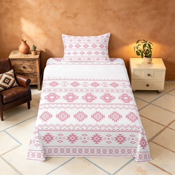 Manfei Boho Aztec Tribal Twin Sheets, Bohemian Geometric Bedding, Blush Pink, Pink Reversible 3 Pieces1 Flat Sheet + 1 Fitted Sheet + 1 Pillowcase