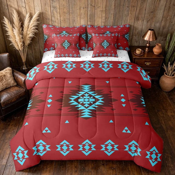Manfei Boho Aztec Twin Bedding, Red Turquoise Tribal Geometric Bedding Comforter Set, Reversible 7pcs