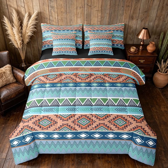 Manfei Boho Aztec Twin Bedding, Tribal Geometric Bedding Comforter Set, Multicolor Blue Green, Black Reversible 7pcs