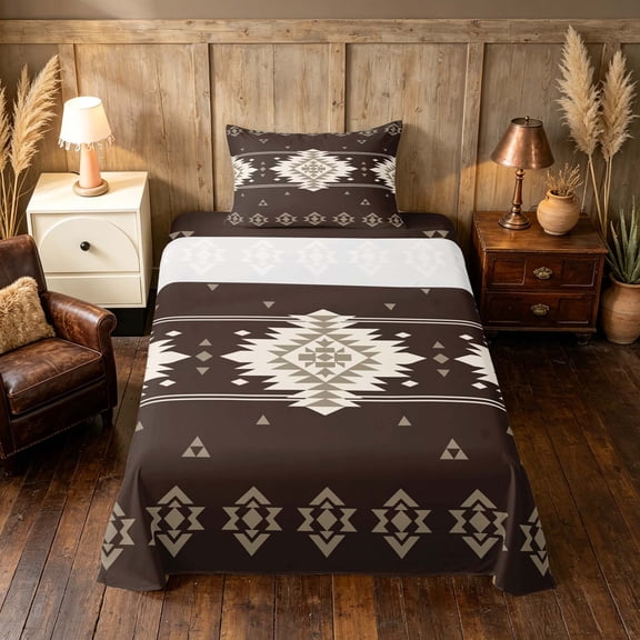 Manfei Boho Aztec Twin Sheets, Brown Cream Tribal Geometric Bedding, Reversible 3pcs1 Flat Sheet + 1 Fitted Sheet + 1 Pillowcase
