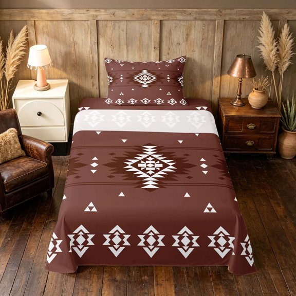 Manfei Boho Aztec Twin Sheets, Brown White Tribal Geometric Bedding, Reversible 3 Pieces1 Flat Sheet + 1 Fitted Sheet + 1 Pillowcase