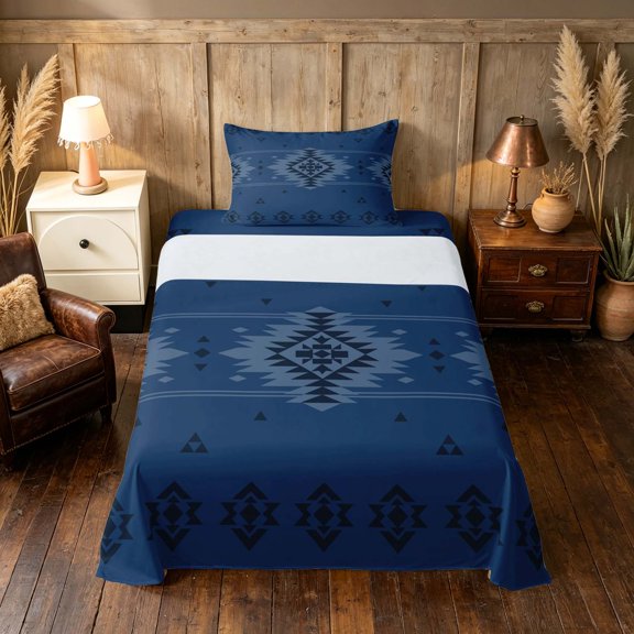 Manfei Boho Aztec Twin Sheets, Navy Blue Tribal Geometric Bedding, Navy Reversible 3pcs1 Flat Sheet + 1 Fitted Sheet + 1 Pillowcase