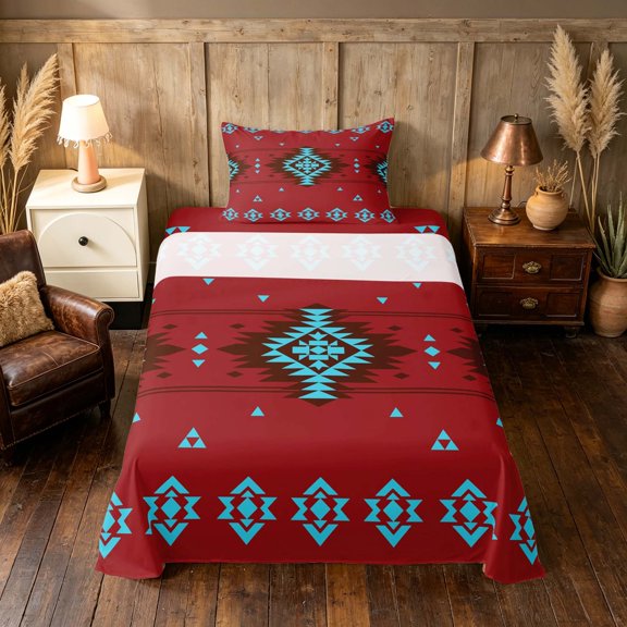 Manfei Boho Aztec Twin Sheets, Red Turquoise Tribal Geometric Bedding, Reversible 3-Piece1 Flat Sheet + 1 Fitted Sheet + 1 Pillowcase