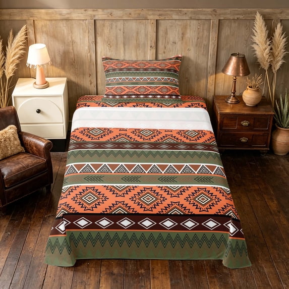 Manfei Boho Aztec Twin Sheets, Tribal Geometric Bedding, Multicolor Orange, Black Reversible 3 Pieces1 Flat Sheet + 1 Fitted Sheet + 1 Pillowcase