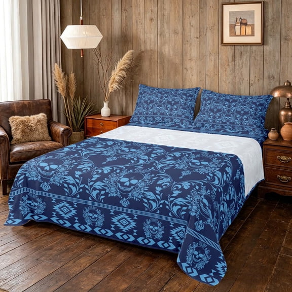 Manfei Boho Blue Skull Bed Sheets, Aztec Floral Damask Fuul Size Sheets, Navy Blue Light Blue, Navy Reversible 4pcs1 Flat Sheet + 1 Fitted Sheet + 2 Pillowcases