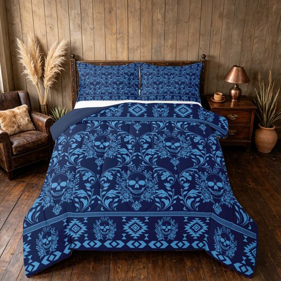 Manfei Boho Blue Skull Queen Comforter Set, Aztec Floral Damask Comforter Sets Queen, Navy Blue Light Blue, Navy Reversible 3pcs, 1 Comforter and 2 Pillowcases