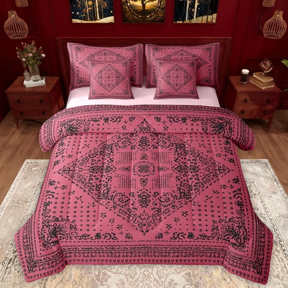 Manfei Boho bohemian Floral 7-Piece Bedding Comforter Set,Vintage Damsk King Bedding Sets,Pink Black Bed Sheets For Men Women,Super Cozy Room Decor Reversible
