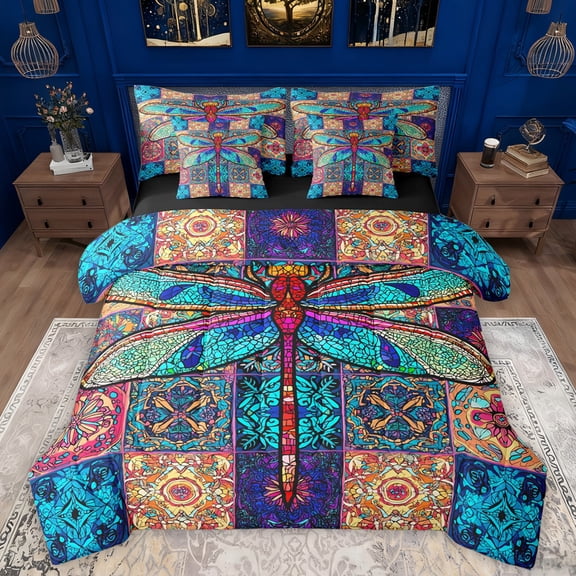 Manfei Boho bohemian Flower 7pcs Bedding Comforter Set,Glass Dragonfly Queen Bedding Sets,Retro Exotic Floral Queen Sheet Sets For Men Women,Super Cozy Room Decor Reversible