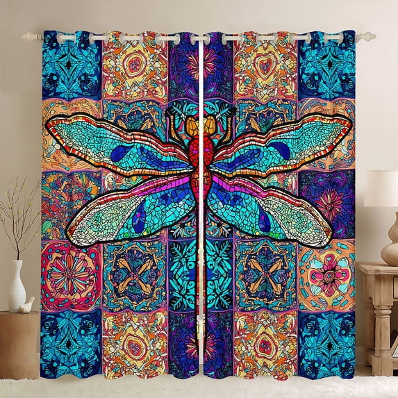 Manfei Boho bohemian Flower Blackout Curtains Set of 2 (52x84 Each),Glass Dragonfly Window Curtains,Retro Exotic Floral Curtains and Drapes For Men Women,Super Cozy Room Decor