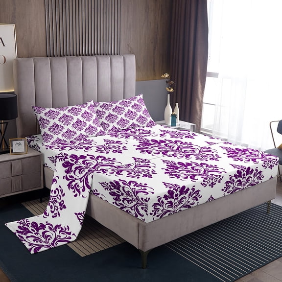 Manfei Boho bohemian Flower Twin Sheet Sets,Damask Victorian Print Twin Fitted Sheet,Purple White Flat Sheet For Teens,Super Cozy Room Decor,3pcs