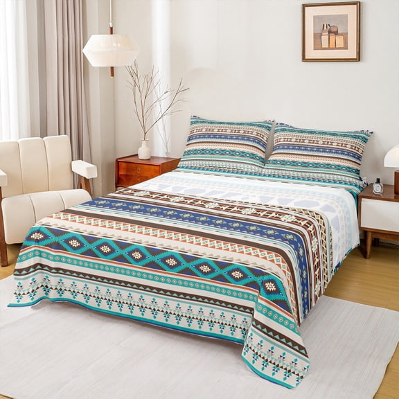 Manfei Boho bohemian Full Size Sheets,Retro Aztec Geometric Bed Sheets,Cyan Beige Blue Sheet Sets For Men Women,Luxury Bedroom Decor,4-Piece