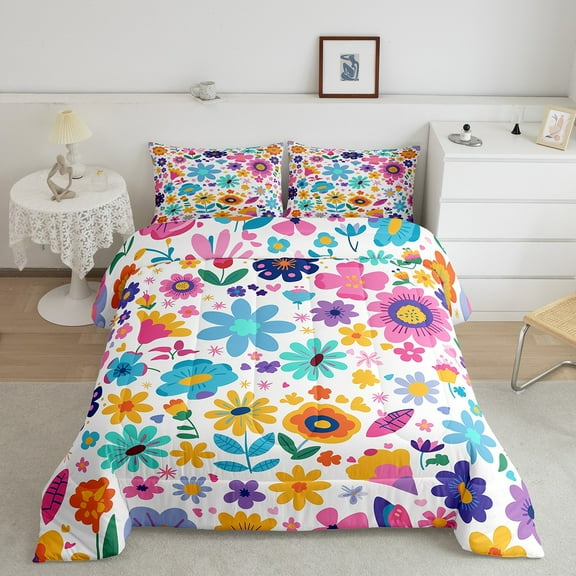 Manfei Boho bohemian Print Bedding Comforter Set,Cartoon Floral Twin Comforter Sets,Multicolor Flower Bedding Set,Breathable Bedroom Decorative Reversible,2-Piece