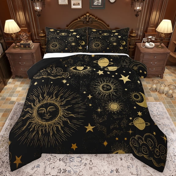 Manfei Boho bohemian Queen Comforter Set,Vintage Sun Pattern Bedding Sets,Gold Black Bedding Comforter Set For Teens,Super Cozy Room Decor Reversible,3 Pieces