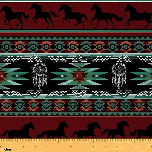 Manfei Boho Bohemian Aztec Sewing & Crafting Fabric (3 Yards), Black Red Green Home Decor Fabric by the Yard, Dream Catcher Horse DIY Fabric