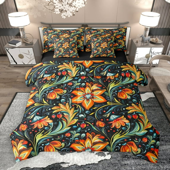 Manfei Boho Bohemian Floral 7-Piece Twin Bedding Sets,Colorful Rustic FlowerBedding Comforter Set,Orange Green Black Sheet Sets For Boys,Microfiber Bedroom Decor Reversible