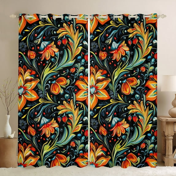 Manfei Boho Bohemian Floral Black Out Curtains,Colorful Rustic FlowerCurtains Pack of 2 (42x63 Each),Orange Green Black Bedroom Curtains For Boys,Microfiber Bedroom Decor