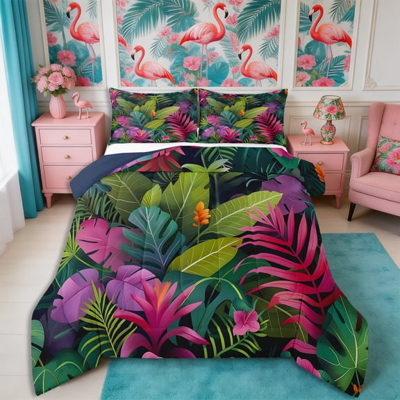 Manfei Boho Botanical Queen Comforter Set 3 Pieces,Hawaiian Tropical Leaves Comforter Sets Queen,1 Comforter and 2 Pillowcases,Reversible