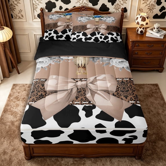 Manfei Boho Bow Damask Zipper Full Size Comforter Sets with Fitted Sheet and 2 Pillowcases,Western Bull Skull Flowers Zipper Bedding Set,White Taupe,Reversible