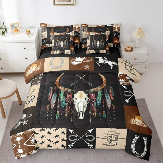 Manfei Boho Bull Skull 7pcs Bedding Comforter Set,bohemian Theme Queen Bedding Sets,Retro Aztec Geometric Queen Sheet Sets For Men Women,Super Cozy Room Decor Reversible