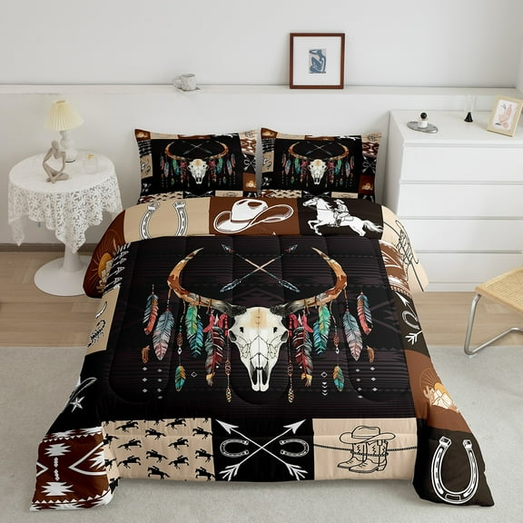 Manfei Boho Bull Skull King Size Comforter Sets,bohemian Theme Bedding Comforter Set,Retro Aztec Geometric Bedding Set For Men Women,Super Cozy Room Decor Reversible,3-Piece
