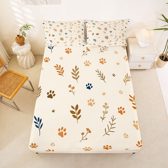 Manfei Boho Cat Paw Fitted Sheet Full, Botanical Leaf Bed Set, Cream, 3 Pieces, 1 Fitted Sheet and 2 Pillowcases