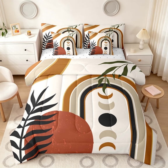 Manfei Boho Celestial Queen Bedding, Mid Century Art Bedding Comforter Set Queen, Brown, Green and Black, Reversible 7-Piece