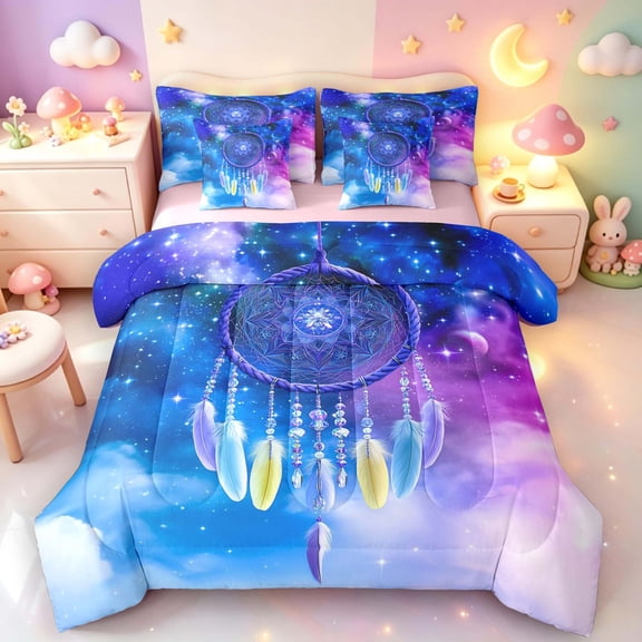 Manfei Boho Crystal Dreamcatcher 7-Piece Twin Bedding,Sparkling Starry Sky Print Bedding Comforter Set,Pink Reversible