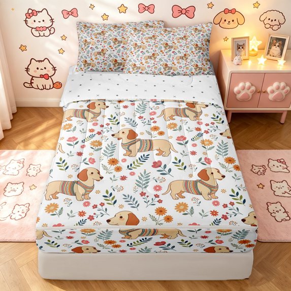 Manfei Boho Dachshund Zipper Twin Comforter Sets with Fitted Sheet and 2 Pillowcases, Retro Garden Bloom Zipper Bedding Set, Beige White, Reversible, 4 Pieces