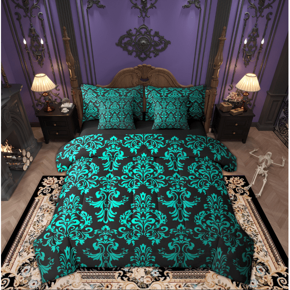 Manfei Boho Damask Adult Bedding Comforter Set 7-Piece, Retro Western Flower Print King Bedding Sets, Mandala Bohemian Style Reversible Bed Sheets, Luxury Bedroom Decor