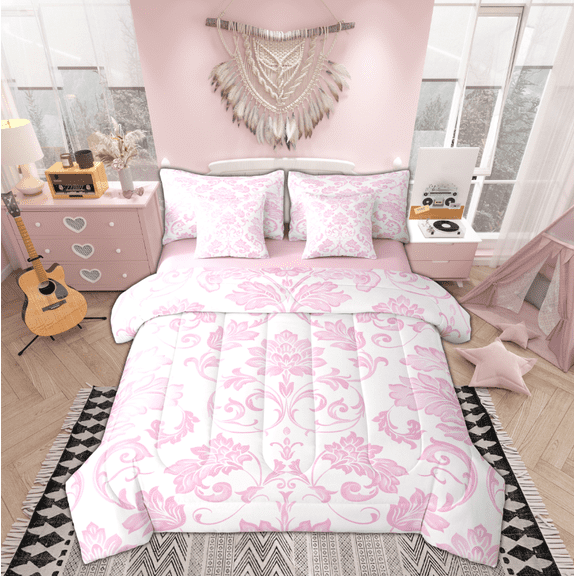 Manfei Boho Damask Adult Bedding Comforter Set 7-Piece, Retro Western Flower Print King Bedding Sets, Mandala Bohemian Style Reversible Bed Sheets, Ultra Soft Home Decor