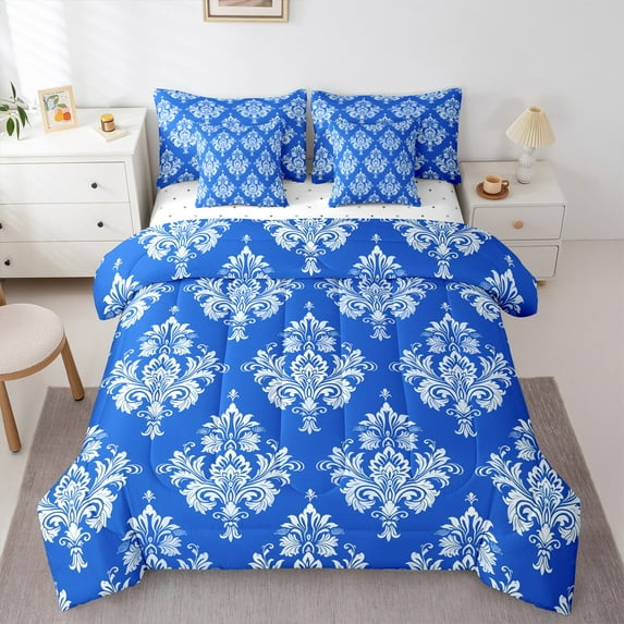 Manfei Boho Damask Adult Bedding Comforter Set 7pcs, Retro Western Flower Print Queen Bedding Sets, Mandala Bohemian Style Reversible Queen Sheet Sets, Luxury Bedroom Decor