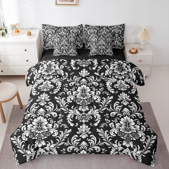 Manfei Boho Damask Adult Bedding Comforter Set 7pcs, Retro Western Flower Print Queen Bedding Sets, Mandala Bohemian Style Reversible Queen Sheet Sets, Microfiber Bedroom Decor
