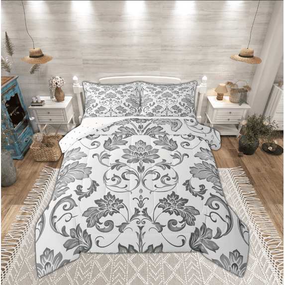 Manfei Boho Damask Adult Queen Comforter Set, Retro Western Flower Print Bedding Comforter Set, Mandala Bohemian Style Reversible Bedding Set, Super Cozy Room Decor, 3-Piece