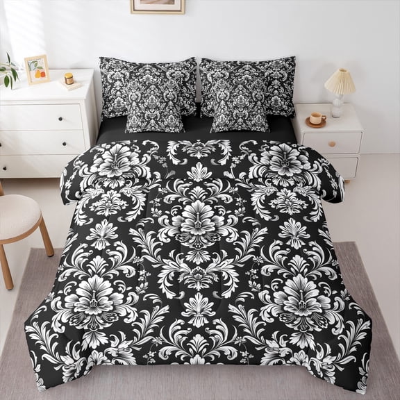 Manfei Boho Damask Adult Twin Bedding Sets 7-Piece, Retro Western Flower Print Bedding Comforter Set, Mandala Bohemian Style Reversible Sheet Sets, Microfiber Bedroom Decor