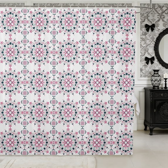 Manfei Boho Damask Shower Curtain 72Wx78L,Traditional Flowers Bath Curtain